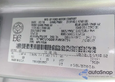 2018 Ford Escape Se из США, поврежденный, VIN 1FMCU9GD0JUB56754